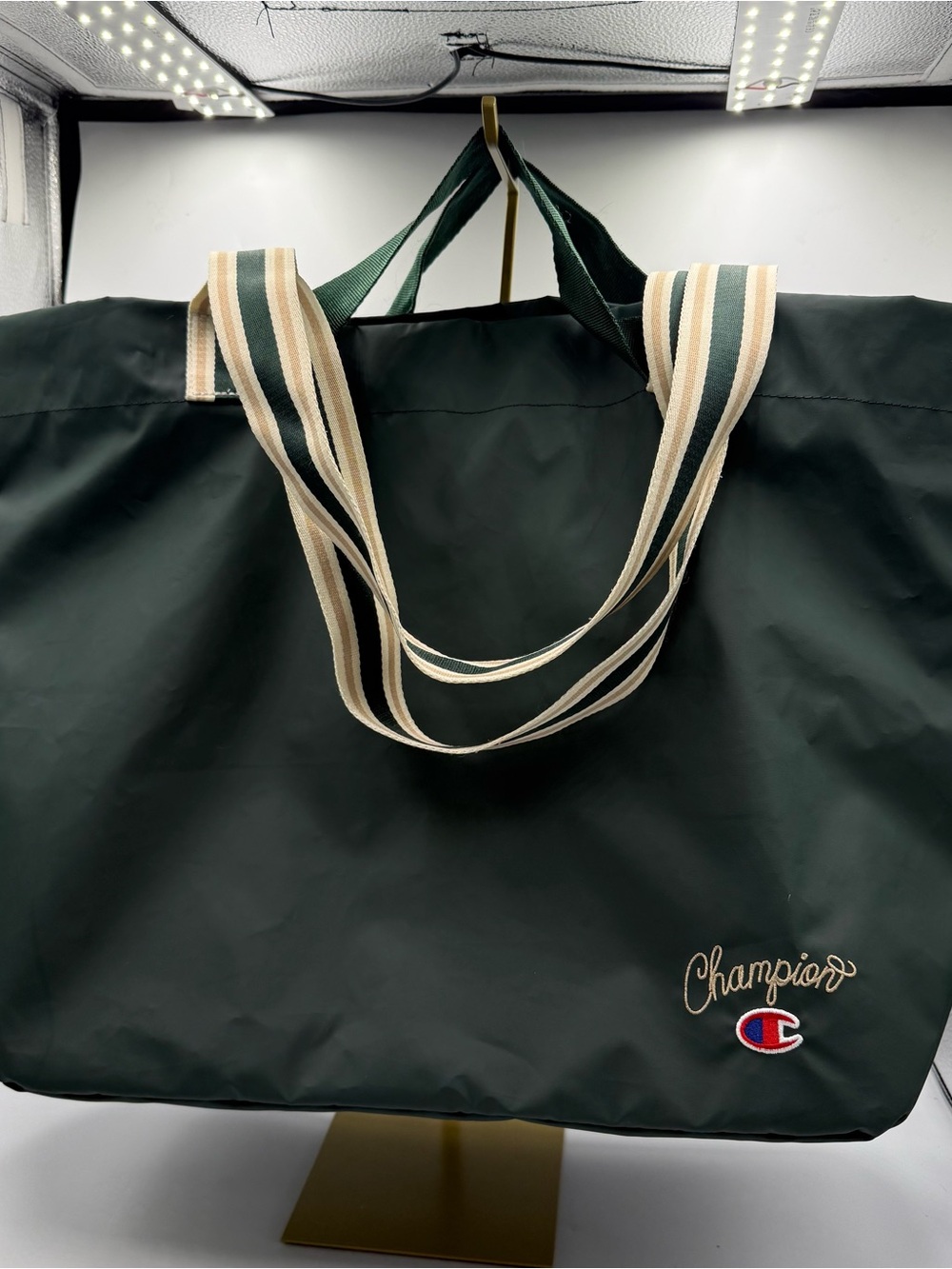 Champion Dark Green Tote with Striped Cream Handles